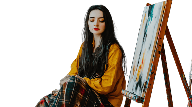 Creative Woman in Yellow with Abstract Artwork on Easel Expressive Pose Artistic Inspiration png