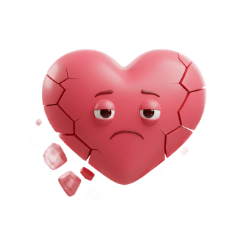 A pink heart, cracked and falling apart, wears a melancholic expression. The fragments scatter around, creating a poignant, emotional scene. png