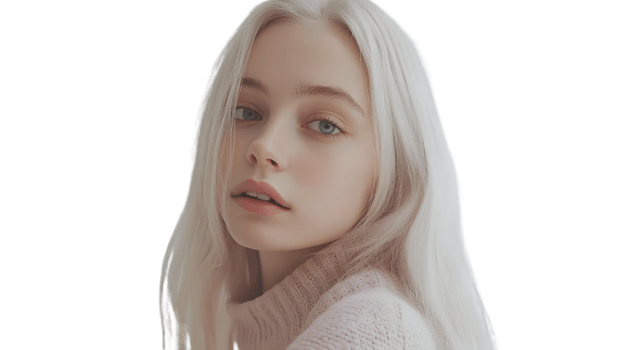 Elegant Portrait of a Woman with Platinum Blonde Hair and Soft Makeup png
