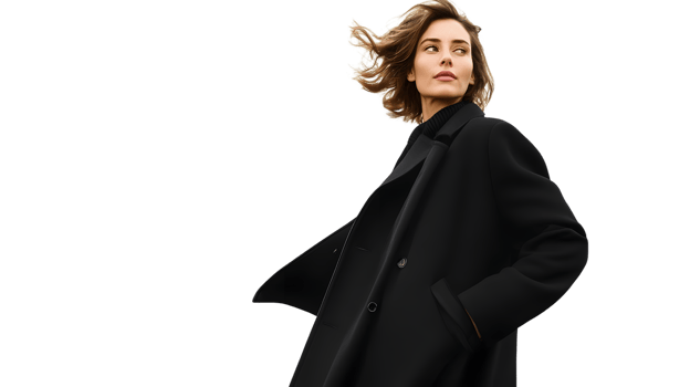 Elegant Woman in a Black Coat with WindBlown Hair Fashionable and Stylish Pose for Advertisin png