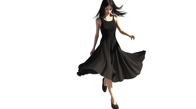 Elegant Woman in Motion Black Dress Flowing with Grace and Style png