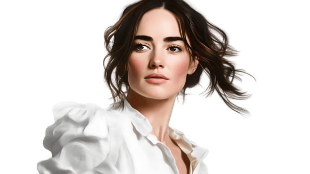Elegant Woman in White Blouse with Flowing Hair Perfect for Fashion and Beauty Concepts png