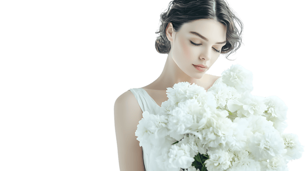 Elegant Woman with Bouquet of White Flowers Serene Beauty Soft Lighting CloseUp Portrait F png