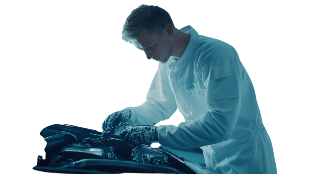 Engine Mechanic in Action A Professional Wearing Protective Gear Works on a Vehicles Engine png