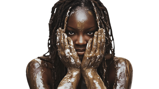 Expressive Portrait with Mud Artistry A Woman Embracing Natures Elements for Beauty and Heali png