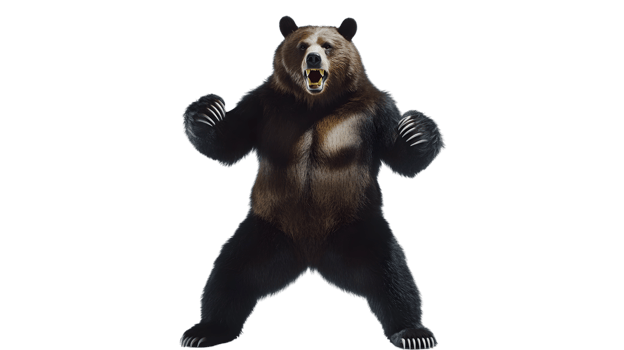 Fierce Bear Roaring with Open Mouth Standing Upright on Hind Legs Detailed Wildlife Photograp png