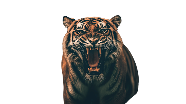 Fierce Tiger Roaring with Open Mouth Displaying Sharp Teeth and Intense Eyes on a Black Backgr png