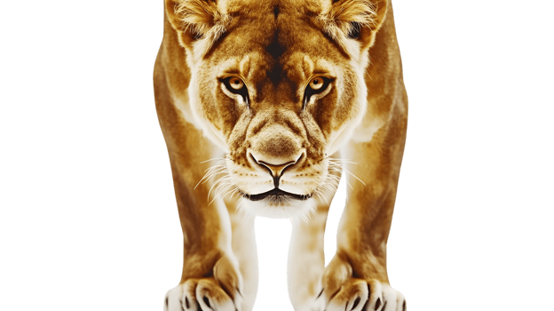 Fierce Predator in Focus A Detailed CloseUp of a Lionesss Intense Gaze and Powerful Stance f png
