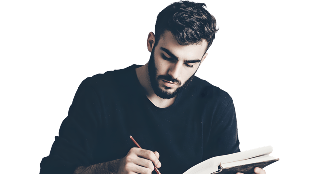 Focused Individual Writing in a Notebook with Concentration and Dedication png