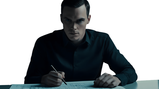 Focused Professional at Work A Man in a Dark Shirt Writing on Blueprints with a Pen png