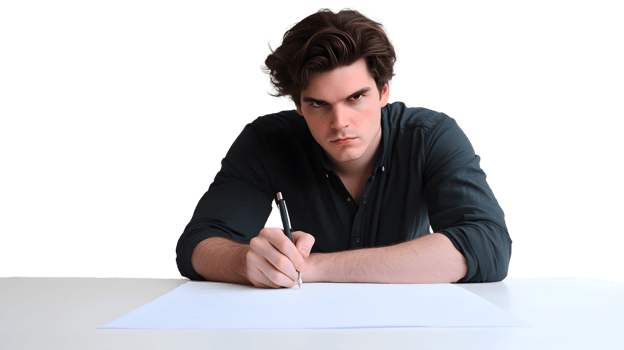 Focused Individual Writing on Paper with Intense Concentration Ideal for Business Education png