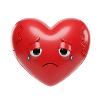 A 3D-rendered heart, cracked and sorrowful, weeps single tears. Its glossy red surface and melancholic expression evoke feelings of heartbreak and sadness. png