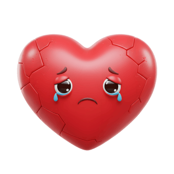 A 3D-rendered heart, cracked and weeping, expresses profound sadness. Its textured surface and teary eyes create a melancholic yet endearing image. png