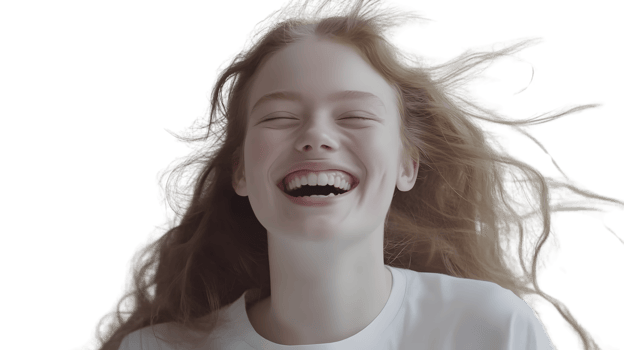 Joyful Laughter A Moment of Pure Happiness Captured with a Radiant Smile and Flowing Hair png