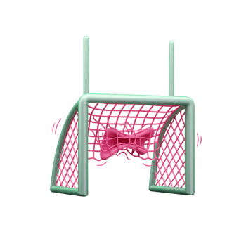 A vibrant pink bow bursts through a pastel green soccer goal net in this fun, playful 3D rendering. The unexpected scene creates a lighthearted and charming mood. png
