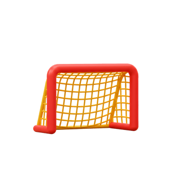 A cheerful mini hockey goal, vibrant red and sunny yellow, stands ready for action. Simple, bold colors create a playful mood. png