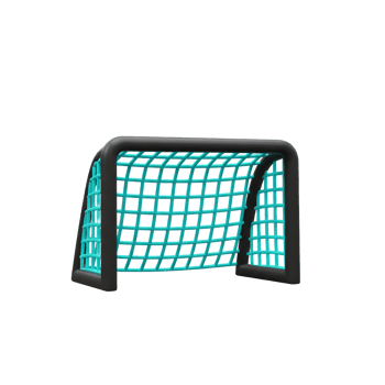 A vibrant teal net stretches within a sleek black frame, forming a simple yet striking soccer goal. Clean lines and bold colors create a modern feel. png