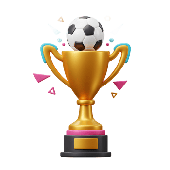 A shiny golden trophy proudly displays a soccer ball, encircled by vibrant geometric shapes. Fun, celebratory, and celebratory png