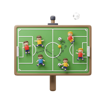 Adorable cartoon soccer players strategize on a miniature field. Their playful poses and hand-drawn arrows create a fun, lighthearted mood. png