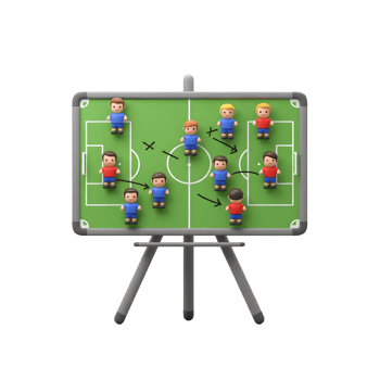 A whimsical whiteboard displays a cartoon soccer team's game plan. Miniature players, red and blue, illustrate strategic moves on a green field. Playful and engaging png