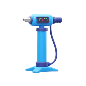 A sleek, modern blue air pump with a digital display stands ready. Its vibrant color and clean design create a fun, techy vibe. png