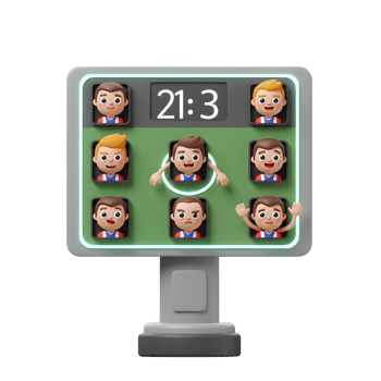 A fun cartoonish 3D scoreboard shows a soccer game score and lively player avatars. The playful design creates a lighthearted and engaging visual. png
