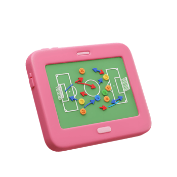 A vibrant pink tablet displays a playful 3D soccer strategy. Colorful arrows and markers illustrate a dynamic game plan on a miniature green field. Fun and engaging png