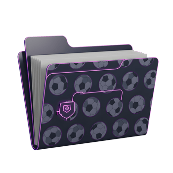 A dark file folder, adorned with a repeated pattern of soccer balls, stands out with a vibrant purple glow. Clean lines and digital aesthetic. png