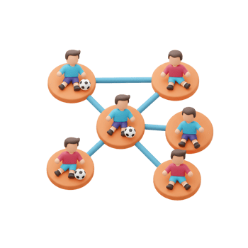 Cheerful 3D cartoon soccer players form a vibrant network, each with a ball, showcasing teamwork and connection in a playful style. png