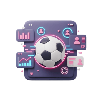A vibrant 3D soccer ball centers a dark-purple app interface, encircled by neon-lit data graphs and user icons, creating a dynamic and futuristic feel. png