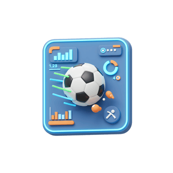 A lively 3D soccer ball bursts onto a blue app screen, surrounded by colorful data graphics, creating an energetic and modern feel. png
