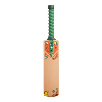 A cheerful cricket bat featuring a vibrant orange design with playful cartoon characters. Green handle, fun details png