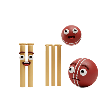 Cheerful cartoon cricket balls approach wickets with expressive faces. A fun, lighthearted 3D animation style creates a charming mood. png