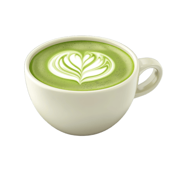 A white cup of matcha latte with decorative leaf design png