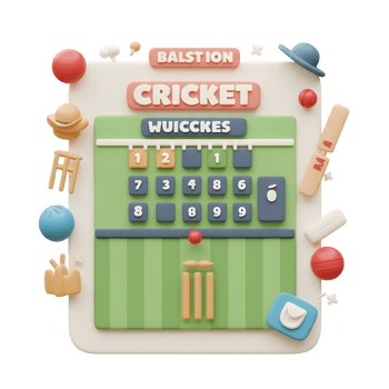 A charming 3D rendering showcases a cricket scoreboard, surrounded by playful cricket equipment. The vibrant colors and playful style create a fun, energetic mood. png