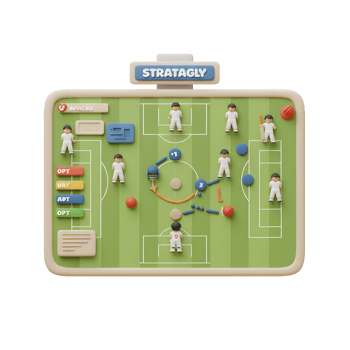 A playful 3D cartoon cricket strategy board showcases a dynamic match. Players' positions are marked with playful color-coding, enhancing the visual appeal. png