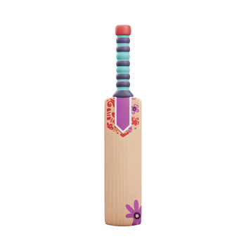 A charming wooden cricket bat, playfully adorned with vibrant floral patterns and a cheerful color palette. The 3D design adds a fun, artistic touch. png