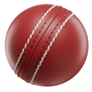 A classic red cricket ball, meticulously detailed, sits against a stark white background. The ball's smooth surface and crisp white stitching are highlighted, creating a striking visual. png