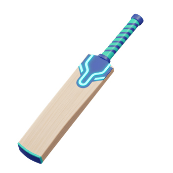 A sleek cricket bat with a vibrant teal and blue design stands out. The wooden bat's modern aesthetic is eye-catching and fun. png