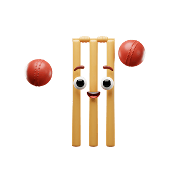 Smiling cricket wickets await incoming red balls. A fun, cartoonish scene filled with playful energy and bright colors. png