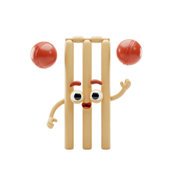 A cheerful cricket wicket, personified as a cartoon, joyfully interacts with two red balls. A lighthearted and fun 3D-rendered scene. png