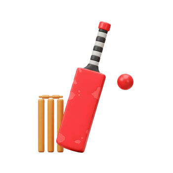 A vibrant red cricket bat poised near a wicket, a red ball in mid-air. Playful 3D style evokes a sense of fun and action. png