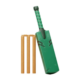 A vibrant green cricket bat leans against golden wickets, creating a dynamic and playful sports illustration. The textured bat and simple wickets evoke a sense of classic sporting charm. png