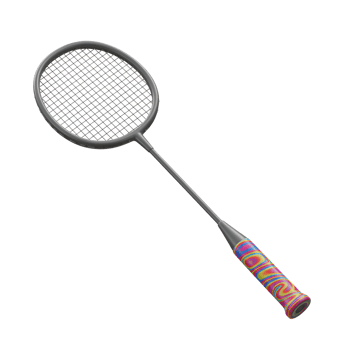 A stylish badminton racket with a dark grey frame and a colorful, swirling grip. Ready for a game png