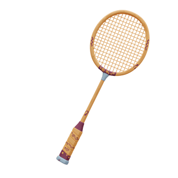 A charming, handcrafted badminton racket with whimsical details. The light wood and artistic accents create a playful, vintage vibe. png