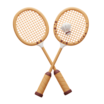 Two crossed badminton rackets, adorned with brown spots, hold a shuttlecock. A playful, rustic charm fills the scene. png
