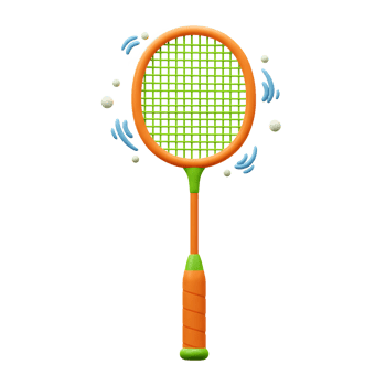A cheerful orange badminton racket, playfully depicted in 3D, floats against a white backdrop with light blue and white accents suggesting movement. It's a vibrant and fun image png