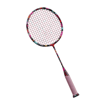 A playful badminton racket boasts a vibrant geometric design. Pink accents add a touch of sweetness to the bold, colorful frame. Ready for a fun game png