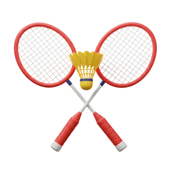 Two vibrant red badminton racquets crossed, with a cheerful yellow shuttlecock centered. A playful, sporty image. png