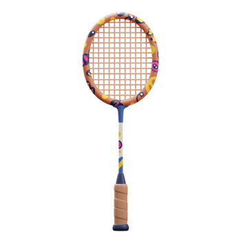 A vibrant badminton racket with a playful abstract pattern pops against a clean white background. The cheerful design adds a fun, energetic mood. png